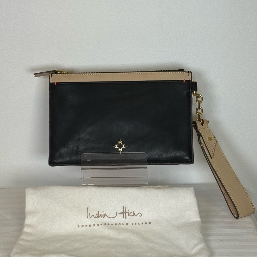 India Hicks ‘Carmen’ Black & Tan Leather Clutch With Tan Leather Wristlet Strap - Picture 3 of 14